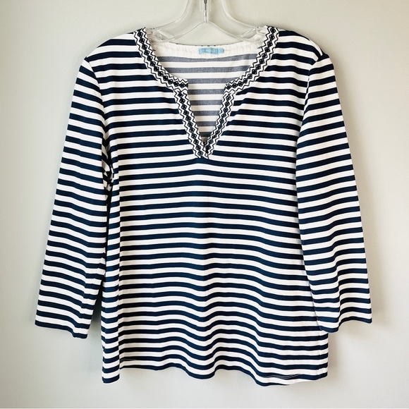 J. McLaughlin Navy Stripe V-neck 3/4 Sleeve Stretchy Blouse - Picture 2 of 8